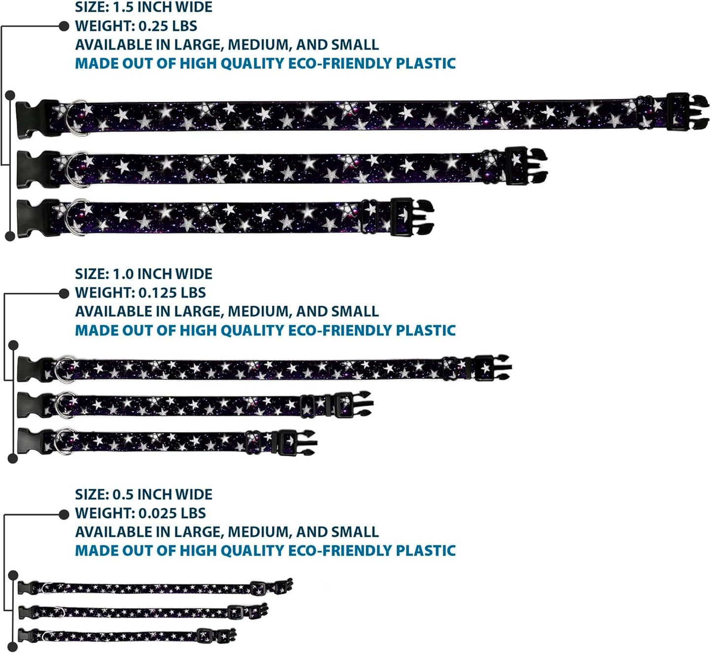 Buckle-Down PC-W21909-M Dog Collar Plastic Clip Buckle, 1"x11"-17", Star Black/White