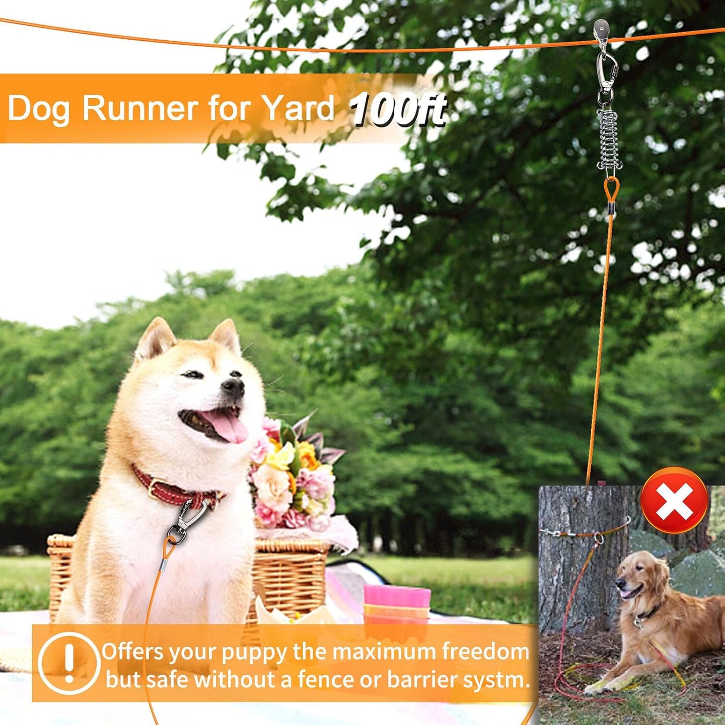 Snagle Paw Dog Tie Out Runner for Yard,Trolley System for Large Dogs,Heavy Duty Dog Run Cable with 10ft Pulley Runner Line for Dogs Up to 125lbs,Yard or Camping,75ft
