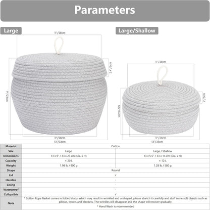 Sea Team Round Cotton Rope Storage Basket with Lid, Decorative Woven Storage Bin, Pot, Caddy, Organizer, Container for Snacks, Towels, Plants (Grey, Small)