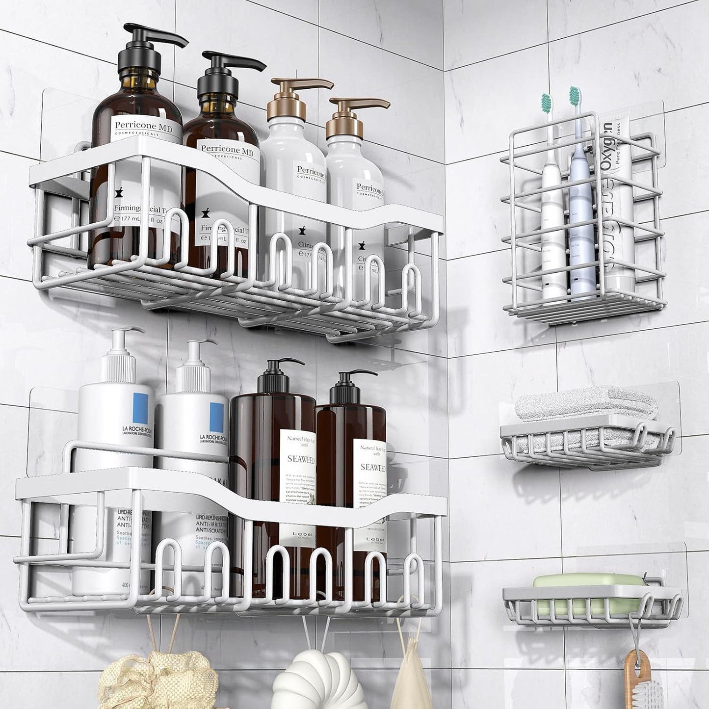 EUDELE 5-Pack Rustproof Stainless Steel Shower Caddy – No Drill Adhesive Bathroom Organizer with Large Capacity, Spacious Shower Shelves for Inside Shower, Kitchen & Home Decor Storage