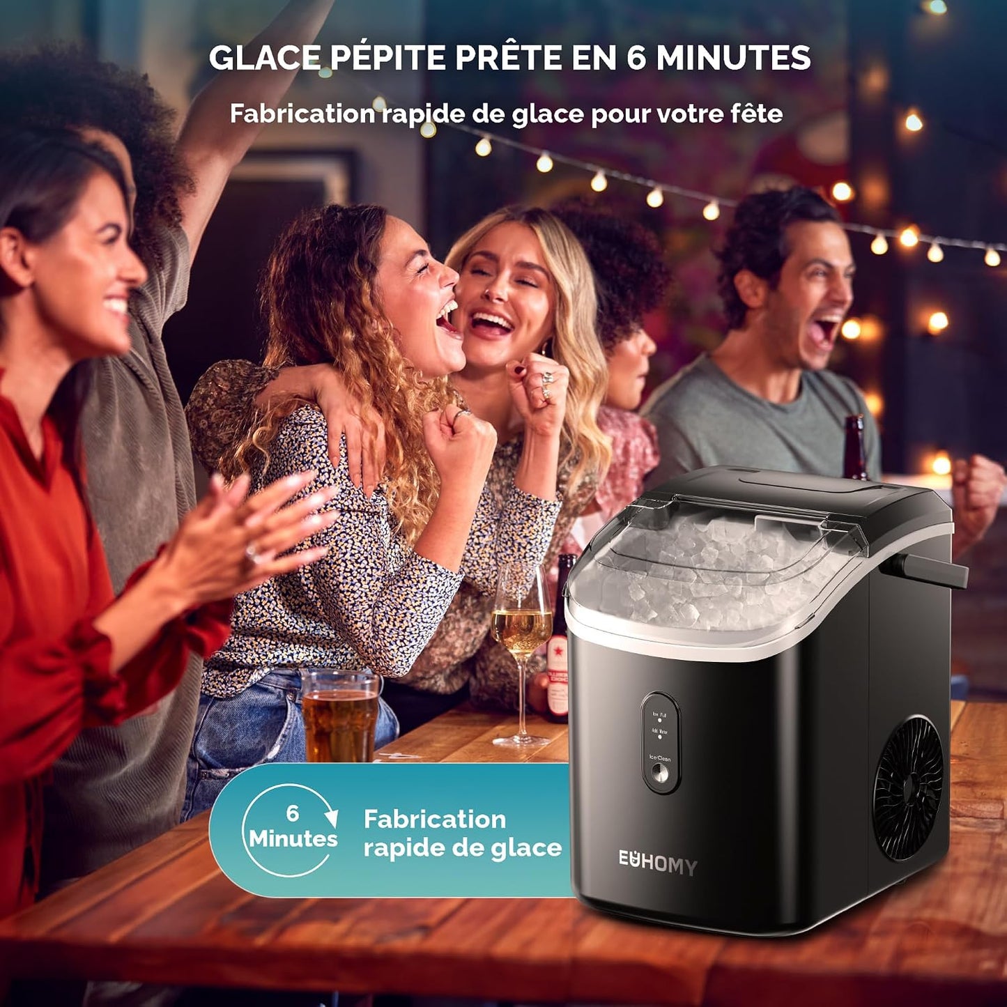 EUHOMY Nugget Ice Maker Countertop with Handle, Ready in 6 Mins, 34lbs Per Day, Removable Top Cover, Auto-Cleaning, Portable Sonic Ice Maker with Basket and Scoop, for Home/Party/RV/Camping (Black)