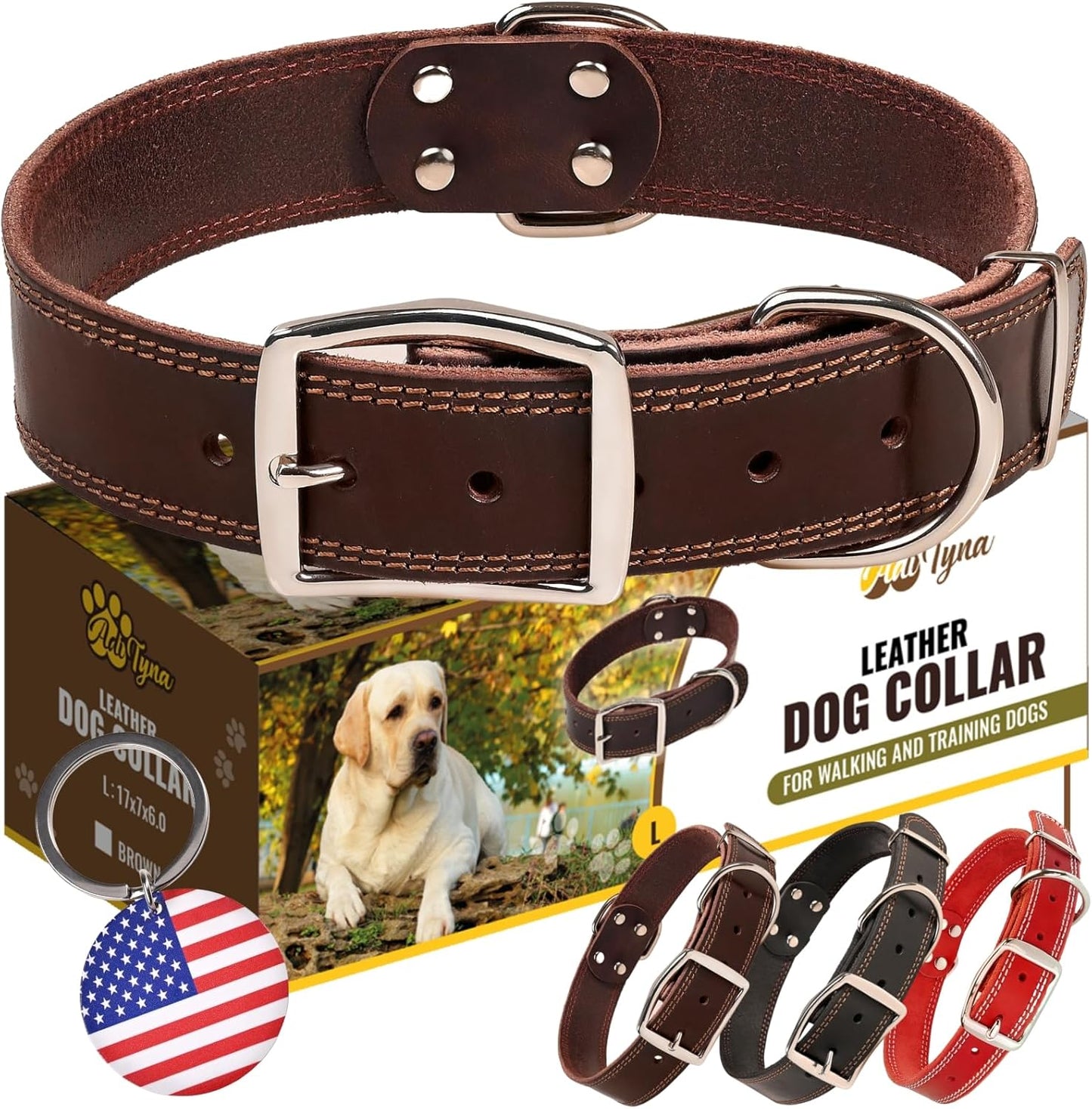 ADITYNA Heavy-Duty Leather Dog Collar for Medium Dogs - Soft and Strong, 100% Genuine Leather - Collier Pour Chien (Medium: Fit 13" - 20" Neck, Brown)