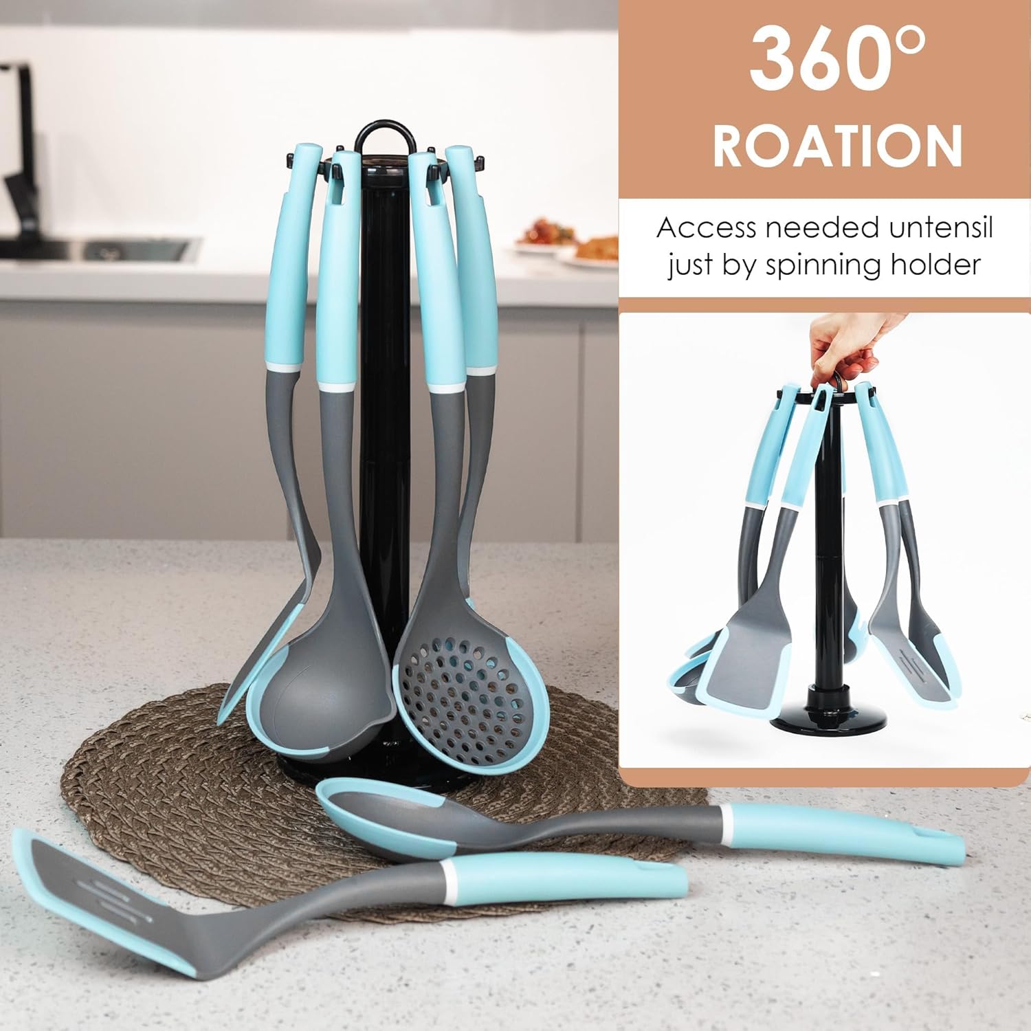Kitchen Cooking Utensils Set | Silicone Utensils for Cooking | Non Stick Spatula Set | Rotating Utensil Stand | Heat Resistant Kitchen Gadgets - PuriLite