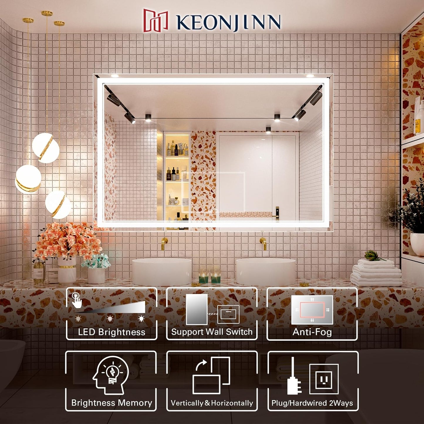 Keonjinn 40 x 24 Inch LED Mirror, Bathroom Mirror with Lights, LED Vanity Mirror, Wall Mounted Anti-Fog Dimmable Lighted Makeup Mirror for Bedroom, IP54 Waterproof (Horizontal/Vertical)