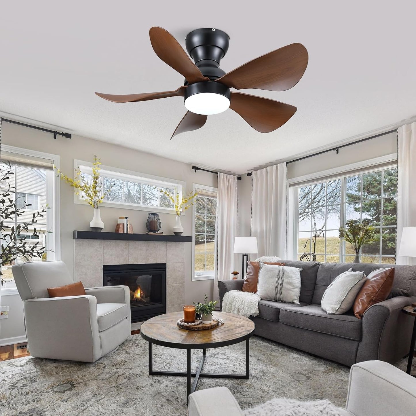Modern Ceiling Fans with Lights Remote/APP Control, 29" Flush Mount Ceiling Fans with 3 CCT Dimmable Lights, Low Profile Ceiling Fans with 5 Propeller Blades LED Lights for Kids Room Bedroom, Brown - PuriLite
