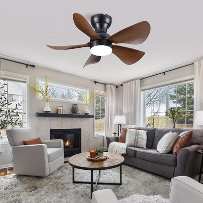 Modern Ceiling Fans with Lights Remote/APP Control, 29" Flush Mount Ceiling Fans with 3 CCT Dimmable Lights, Low Profile Ceiling Fans with 5 Propeller Blades LED Lights for Kids Room Bedroom, Brown - PuriLite