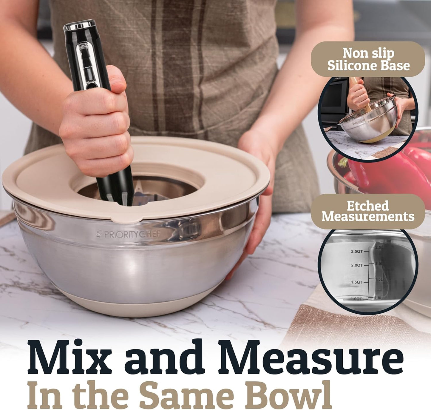 Priority Chef 6Pc Large Mixing Bowls with Lids Set with Non-Slip Bases, Stainless Steel Mixing Bowl Set, 6 Airtight Lids and 3 Graters, Serving Nesting Metal Bowl Set, Grey