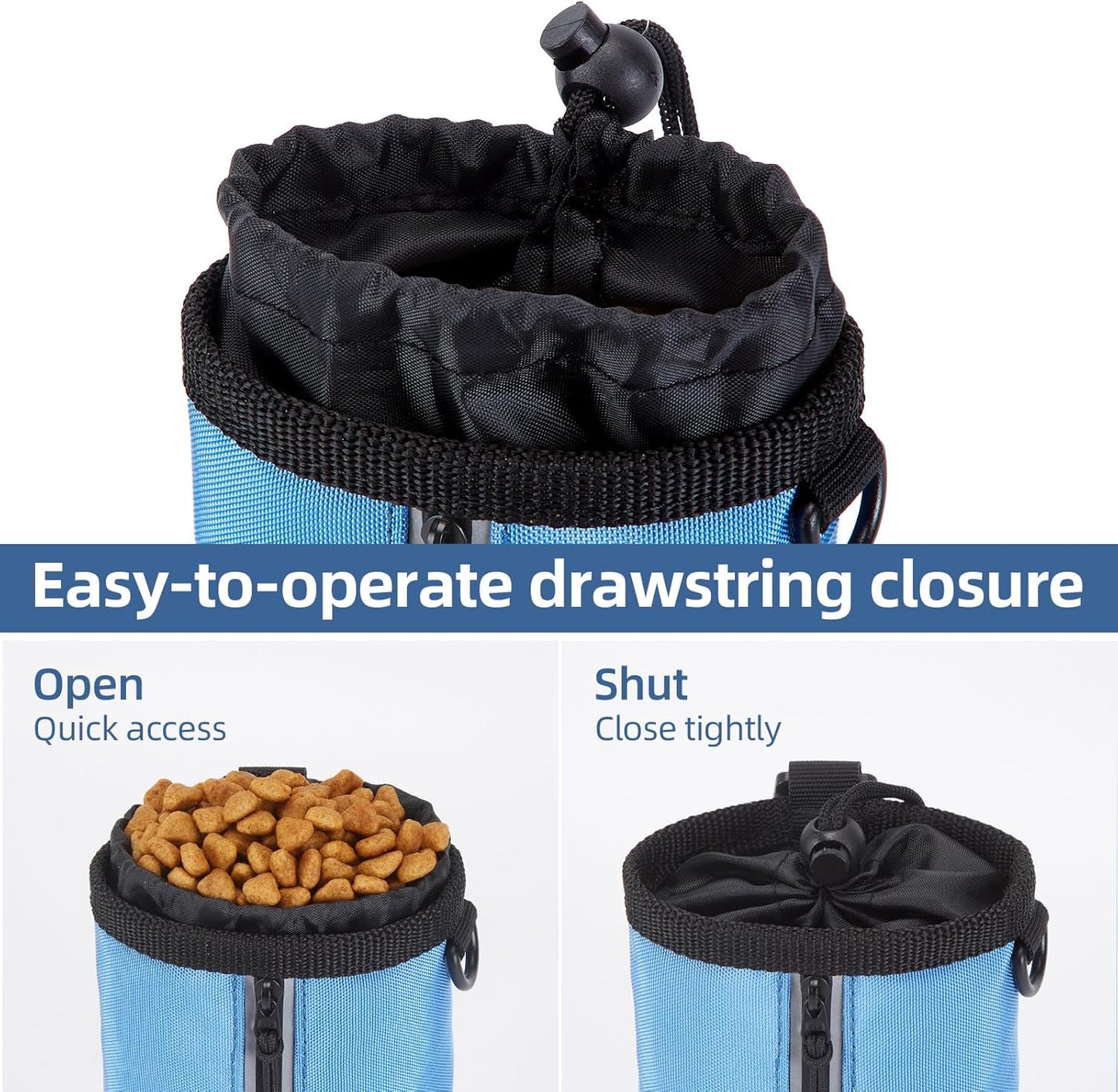 Ownpets Dog Treat Pouch, Pet Training Treat Bag with Drawstring Closure Design, Dog Treat Bag for Dogs Walks,Outdoor Activities, with Poop Bag Dispenser& Reflective Strip, 825ml Capacity (Blue)