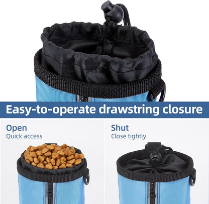 Ownpets Dog Treat Pouch, Pet Training Treat Bag with Drawstring Closure Design, Dog Treat Bag for Dogs Walks,Outdoor Activities, with Poop Bag Dispenser& Reflective Strip, 825ml Capacity (Blue)