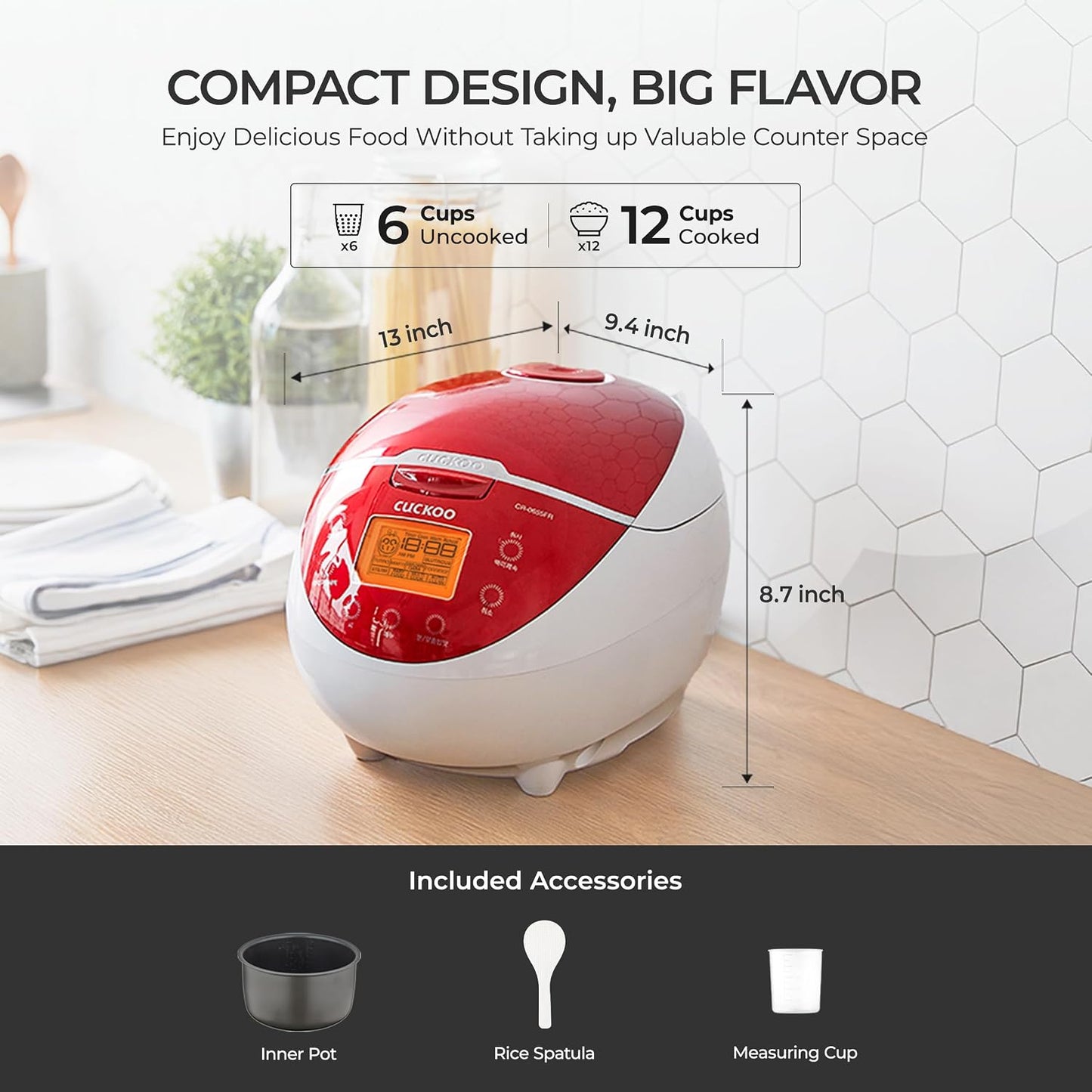CUCKOO Rice Cooker 6 Cup Uncooked / 12 Cup Cooked, Classic Fuzzy Logic Rice Cooker Small with Delay Timer & Keep Warm Setting, Versatile Food Steamer for Cooking, Non-Stick Inner Pot, Red (CR-0655F)