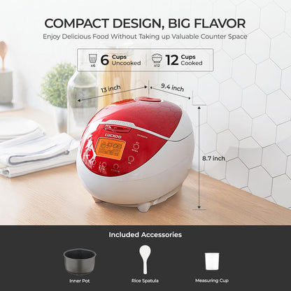CUCKOO Rice Cooker 6 Cup Uncooked / 12 Cup Cooked, Classic Fuzzy Logic Rice Cooker Small with Delay Timer & Keep Warm Setting, Versatile Food Steamer for Cooking, Non-Stick Inner Pot, Red (CR-0655F)