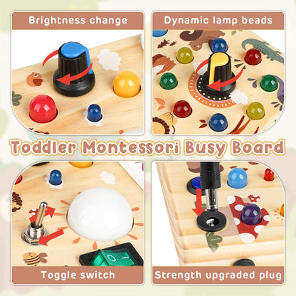 Joyreal Montessori Busy Board Wooden Sensory Toys for Toddler with LED Light Up Switch, Baby Fidget Board Travel Toys for 18+ Months, Boys Girls Birthday