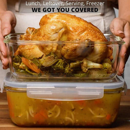 Razab 8 Cups / 63 Oz 2 Pack Large Glass Container Food Storage with Lids - Leakproof, BPA-Free Large Glass Meal Prep Container Ideal for Roasting Turkey, Store Leftover - Microwave & Oven Safe - PuriLite