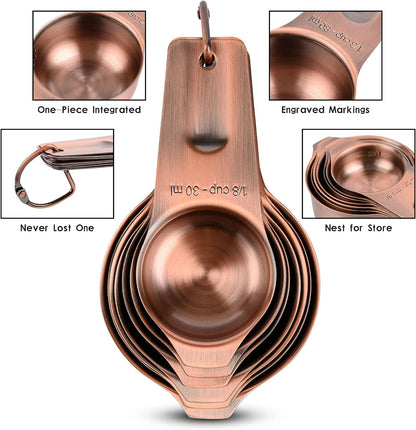 Measuring Cups and Spoons Set, Copper Measuring Cups and Spoons Set for Dry & Liquid, Metric&US 7 Stainless Steel MeasureR Cup&9 Spoon Leveler & Measure Enquivalents for Kitchen & Baking