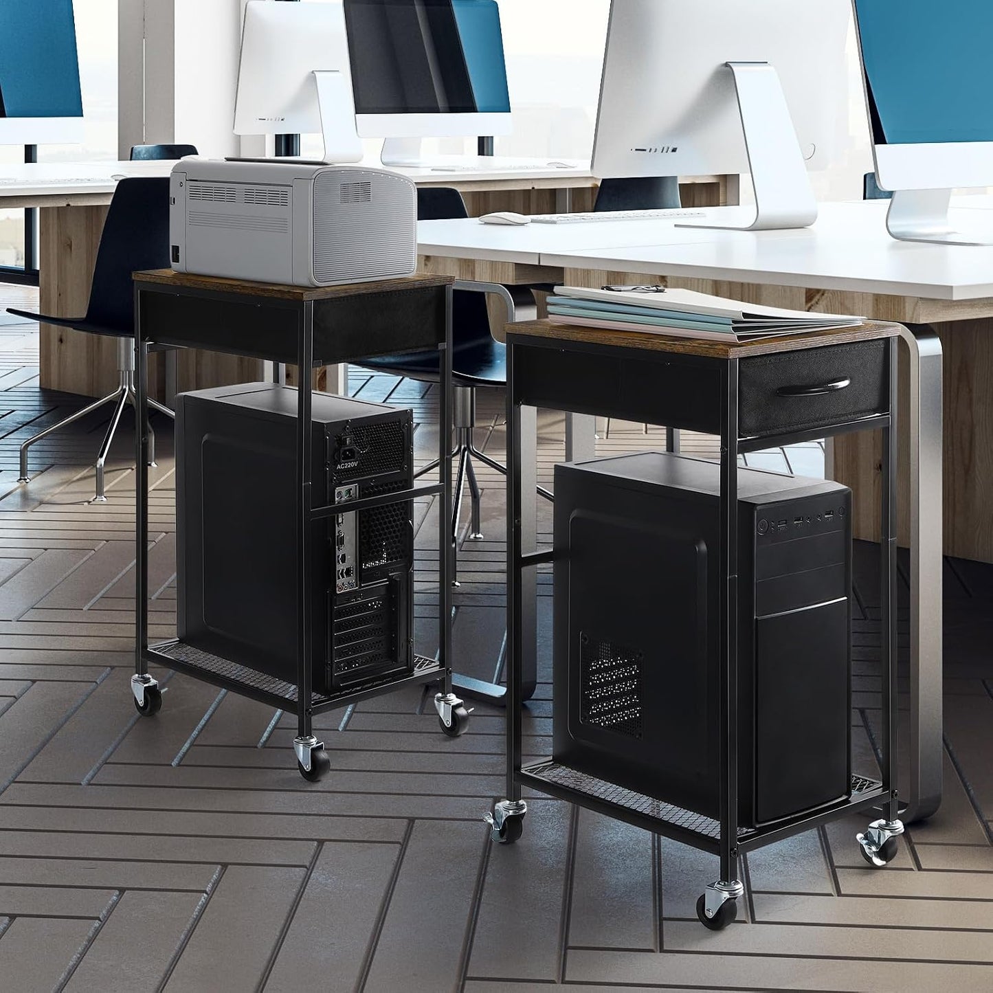 Computer Tower Stand PC Tower Stand with Storage Drawer Mobile CPU Holder Stand with Caster Wheels 2 Tier Rolling Computer Tower Cart for Home Office Fax, Rustic Brown