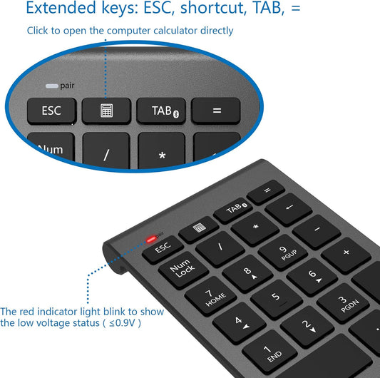 Cateck Bluetooth Numeric Keypad, Portable Wireless Bluetooth 22 Keys Number Pad Keyboard with Multiple Shortcuts for Computer/Notebook/Laptop/Desktop/Tablet, Cool Gray - PuriLite