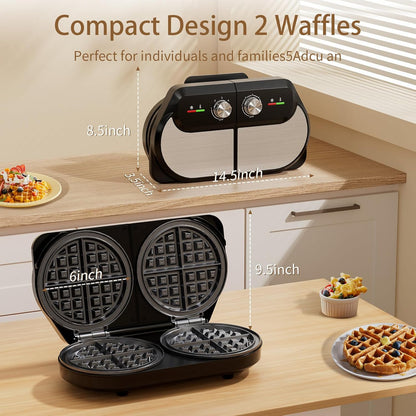 YASHE Double Waffle Maker 6 Inch, 1400W Belgian Waffle Maker for Breakfast and Snacks, Stainless Steel Waffle Iron with Nonstick Plates, Temperature Knob, Cool-Touch Handles - PuriLite