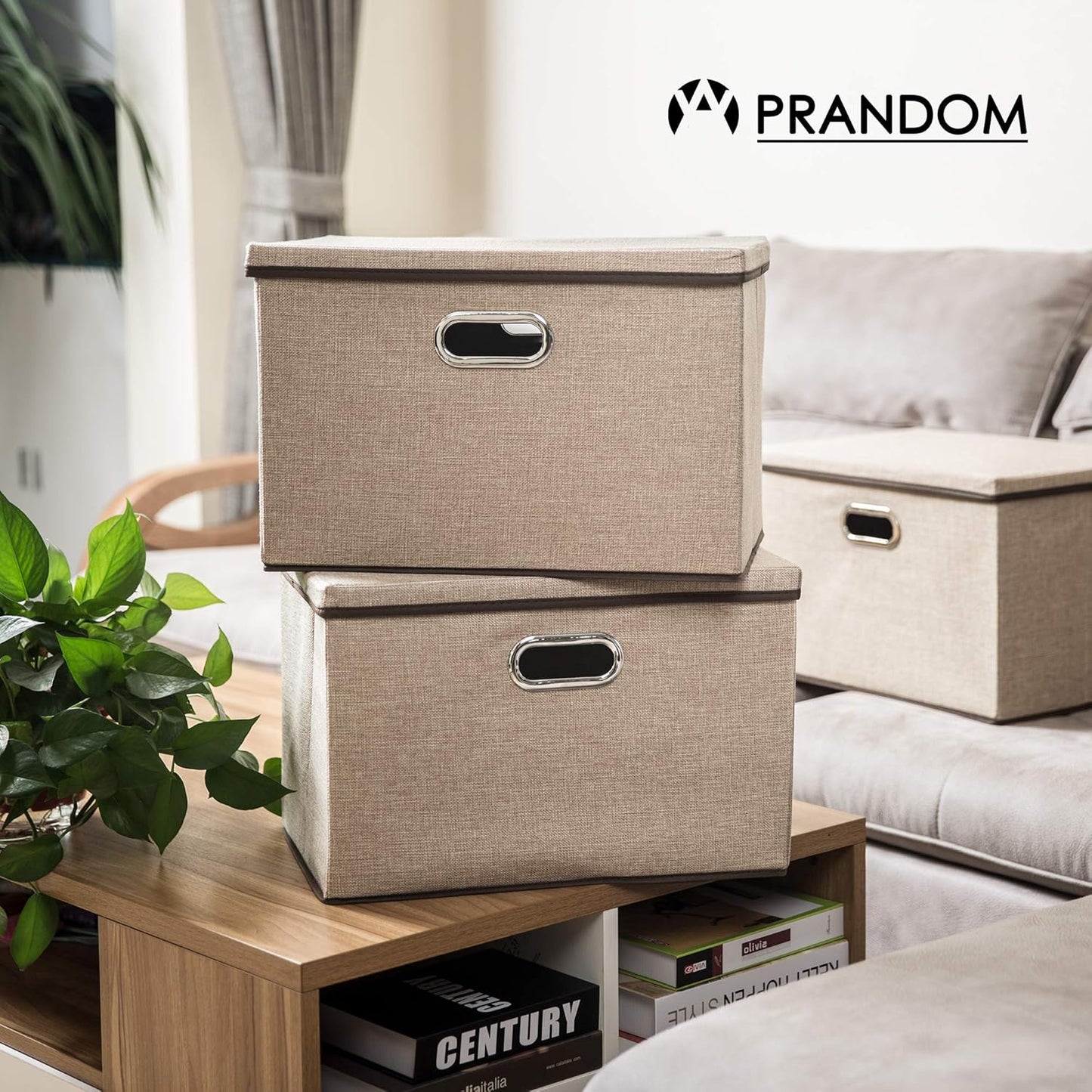 PRANDOM Large Foldable Storage Bin with Lid [1-Pack] Linen Fabric Decorative Storage Box Organizer Containers Basket Cube with Handles Divider for Bedroom Closet Office Living Room (17.7x11.8x11.8")