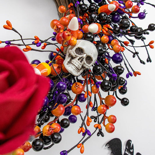 MagicWreath Halloween Wreaths for Front Door 20 Inch Halloween Wreath Artificial Skull Wreath with 3 Colors Berries and for Gothic Decorations