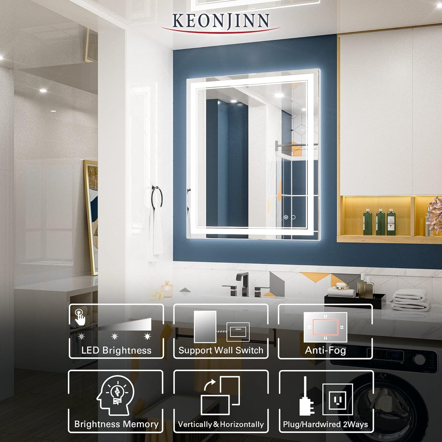 Keonjinn 40 x 24 Inch LED Mirror, Bathroom Mirror with Lights, LED Vanity Mirror, Wall Mounted Anti-Fog Dimmable Lighted Makeup Mirror for Bedroom, IP54 Waterproof (Horizontal/Vertical)