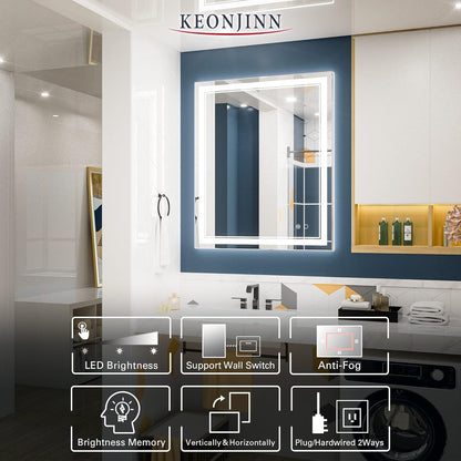 Keonjinn 40 x 24 Inch LED Mirror, Bathroom Mirror with Lights, LED Vanity Mirror, Wall Mounted Anti-Fog Dimmable Lighted Makeup Mirror for Bedroom, IP54 Waterproof (Horizontal/Vertical)