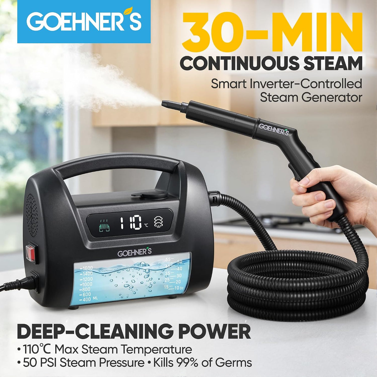 2026 Upgraded Handheld Steam Cleaner for Home & Car, 110℃/3.5 Bar High-Pressure Portable Hand Held Steamer, 30s Heat-Up, Chemical-Free Deep Cleaning for Car Detailing Grout Bathroom Kitchen