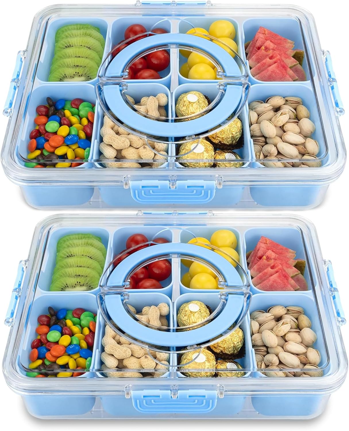 KIGITIONE Snackle Box, Pink 8 Compartments Portable Serving Tray, Divided Snackle Box Container with Lid and Handle, Snack Organizer for Fruits, Snacks, Nuts, Candy, Ideal for Party, Travel & Picnics