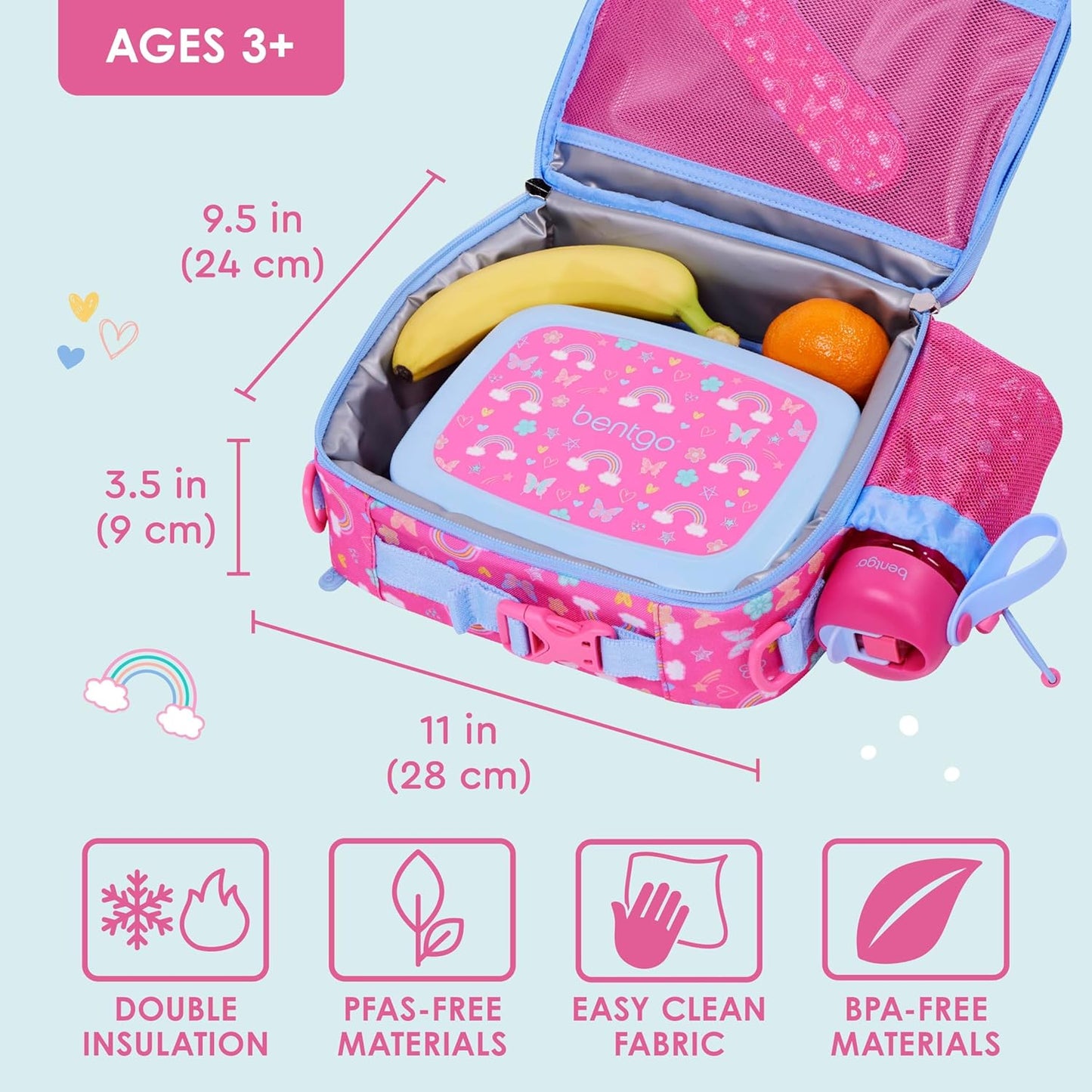 Bentgo® Kids Lunch Bag - Durable, Double Insulated, Water-Resistant Fabric, Interior & Exterior Zippered Pockets, Water Bottle Holder - Ideal for Children 3+ (Shark)