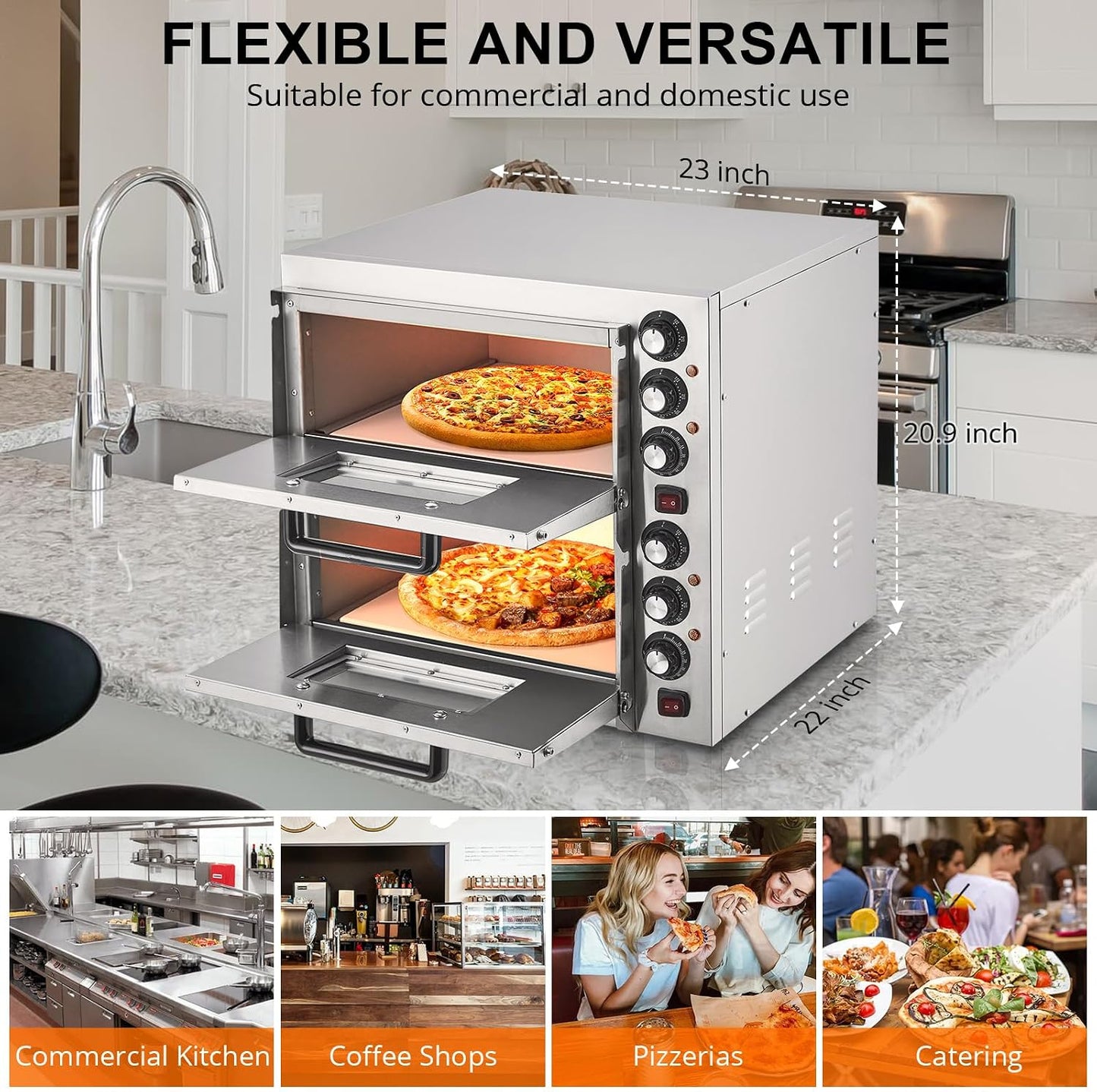 Commercial Pizza Oven Countertop, 3600W Stainless Steel Electric Pizza Oven, Indoor Pizza Maker with Timer/Pizza Stones, Double Deck Layer Pizza Cooker for Restaurant Home, Silver
