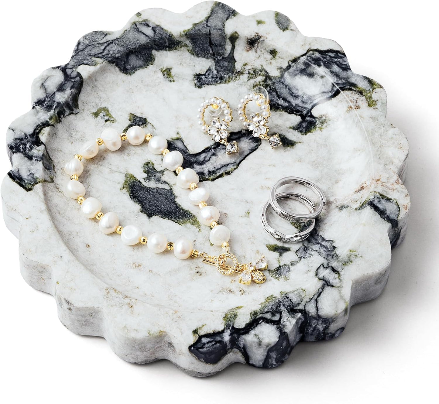 WORHE Marble Vanity Tray Natural Small Scalloped Round Stone Trays for Candle Trinket Calacatta Viola Jewelry Plate for Bathroom,Bedroom,Dresser Ring Dish Holder for Home Decor WarmHouse Gifts(WH049)