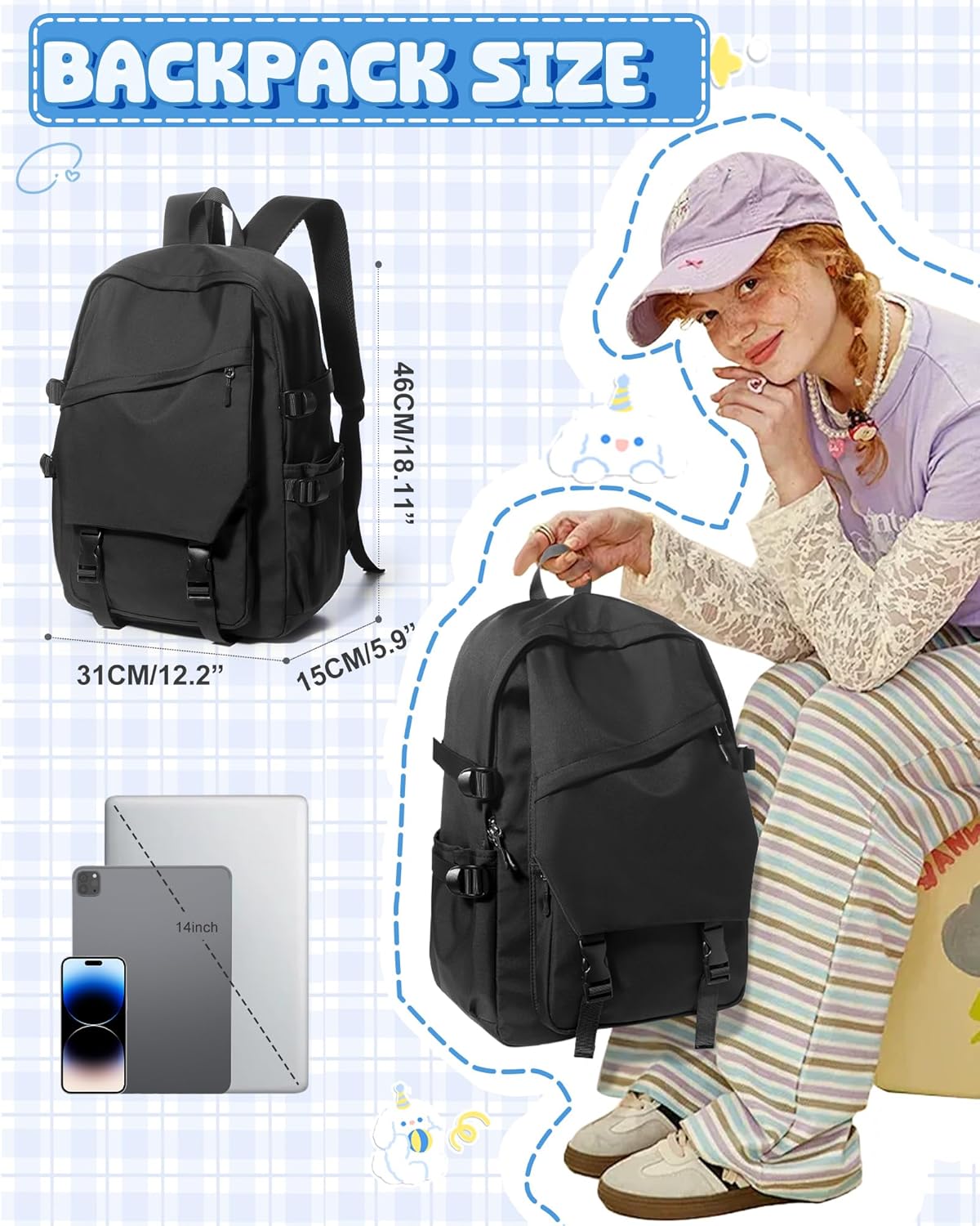 School Backpack for Women Men College High School Bags for Boys Girls Casual Daypack Laptop Backpack Waterproof Black Bookbag Travel Rucksack