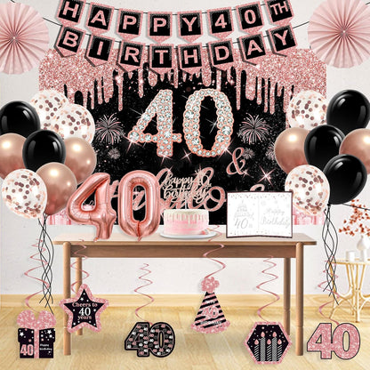 40th Birthday Decorations for Women,32pcs 40th Birthday Party Decorations,Including Backdrop, Crown,Sash,banner, Hanging Swirl,Cake Topper,balloons,Paper Fans,Anniversary Card and paper fans