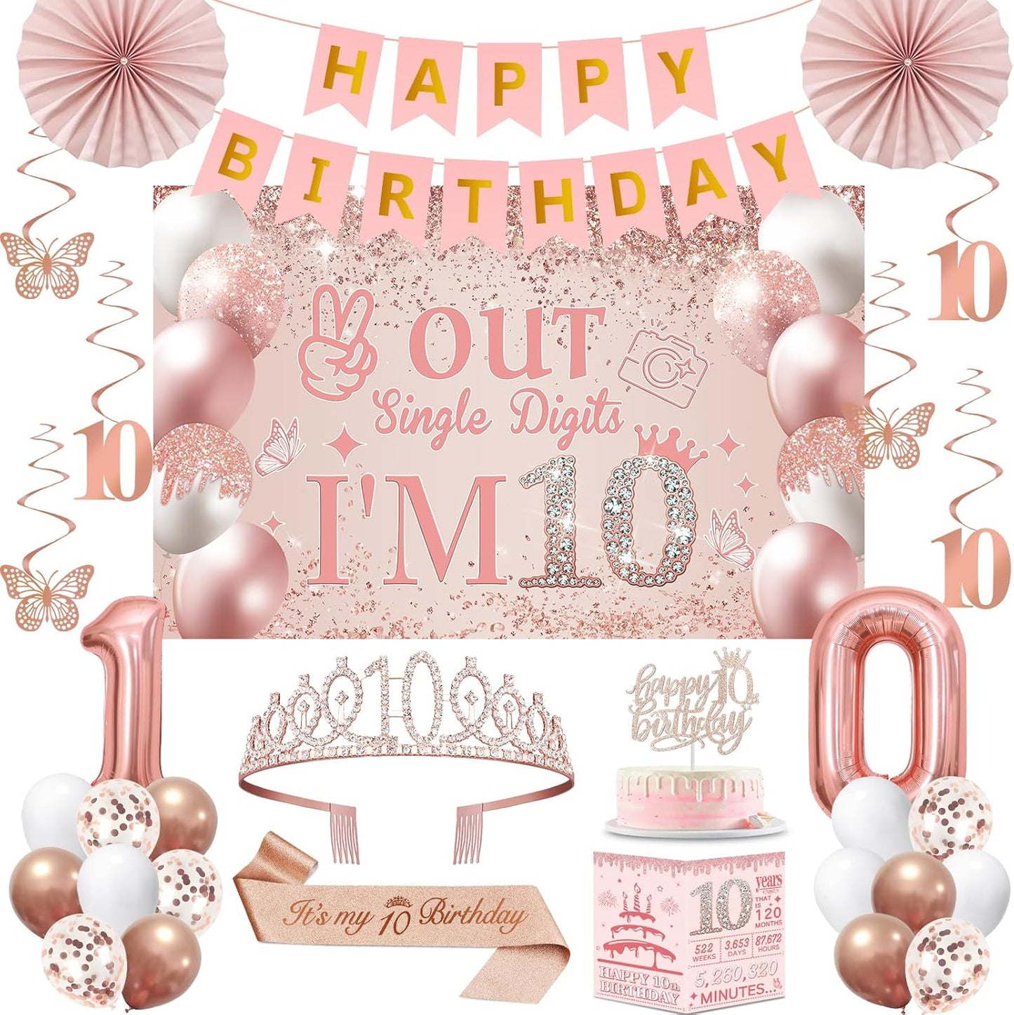 40th Birthday Decorations for Women,32pcs 40th Birthday Party Decorations,Including Backdrop, Crown,Sash,banner, Hanging Swirl,Cake Topper,balloons,Paper Fans,Anniversary Card and paper fans