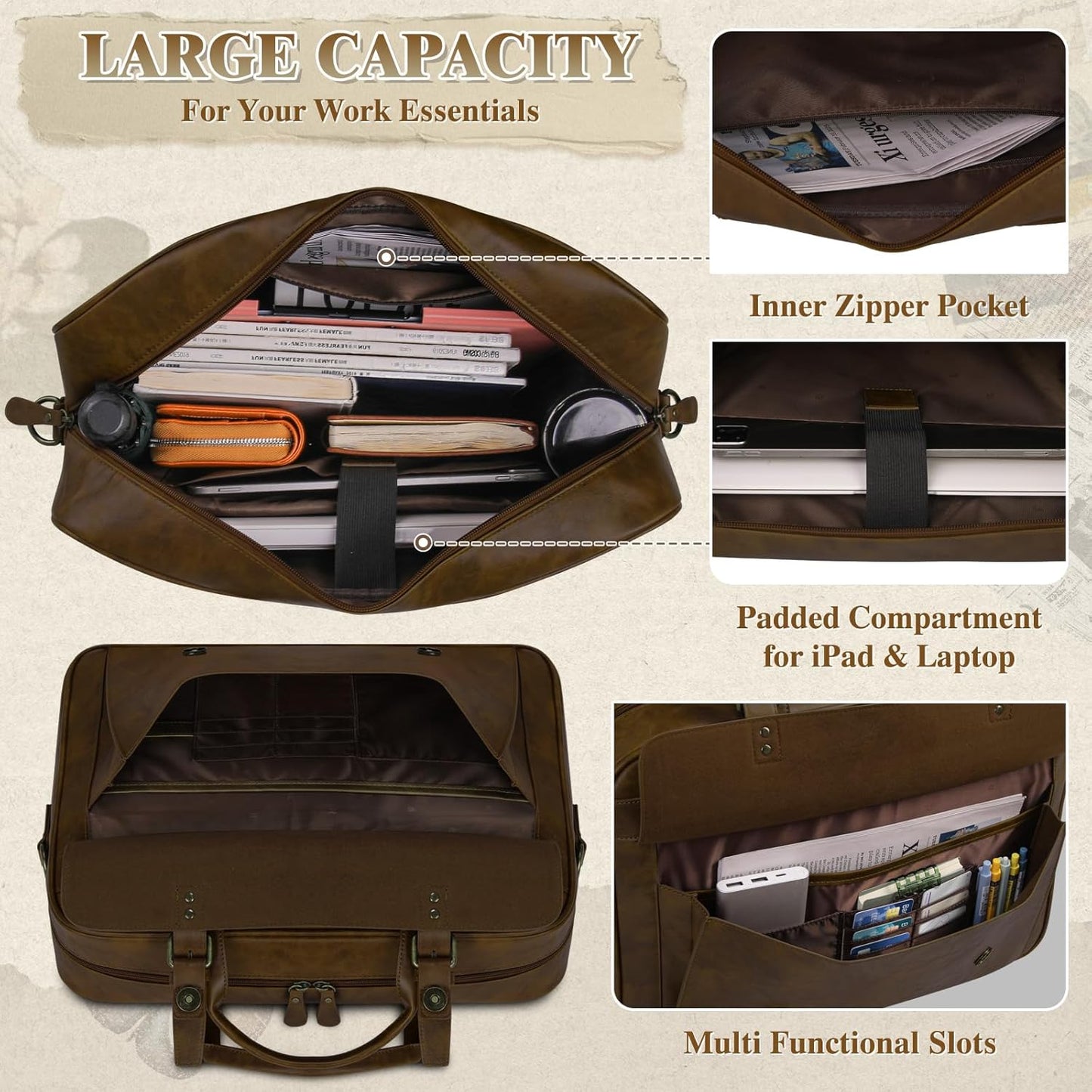 RAINSMORE Messenger Bag for Men 16 Inch Laptop Bag Vintage Leather Waterproof Laptop Briefcases Large Computer Satchel Bag - PuriLite