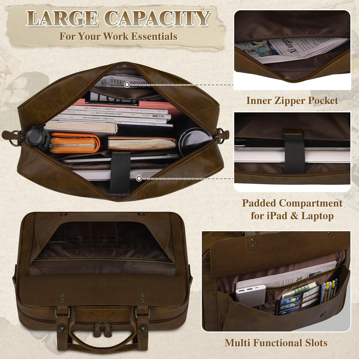 RAINSMORE Messenger Bag for Men 16 Inch Laptop Bag Vintage Leather Waterproof Laptop Briefcases Large Computer Satchel Bag - PuriLite