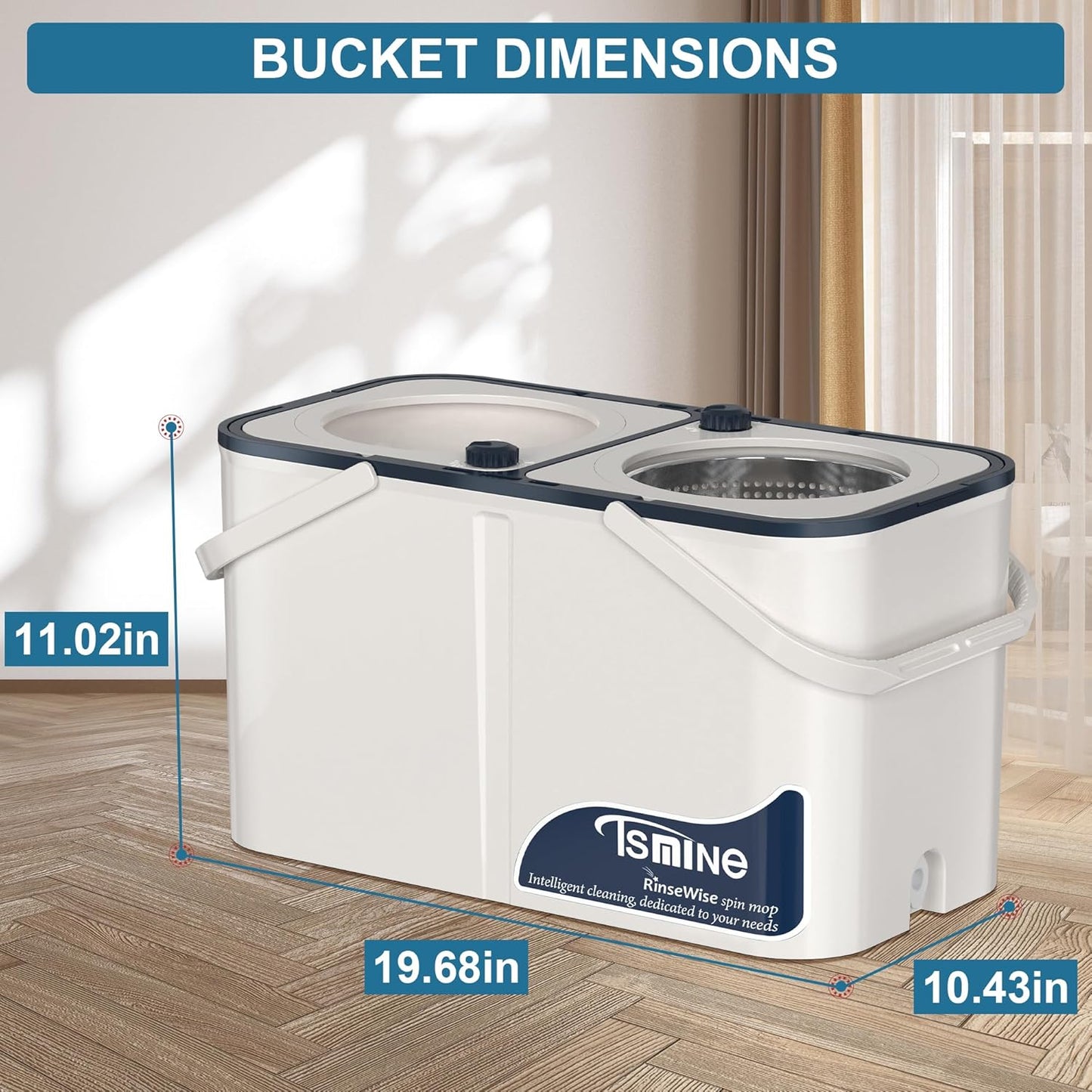 RinseWise Spin Mop and Bucket Separate Clean and DirtyWater, Mop and Bucket with Wringer Set, 4-Chamber Commercial Spinning Mopping Bucket Cleaning Supplies with 8 Microfiber Replacement Head Refills