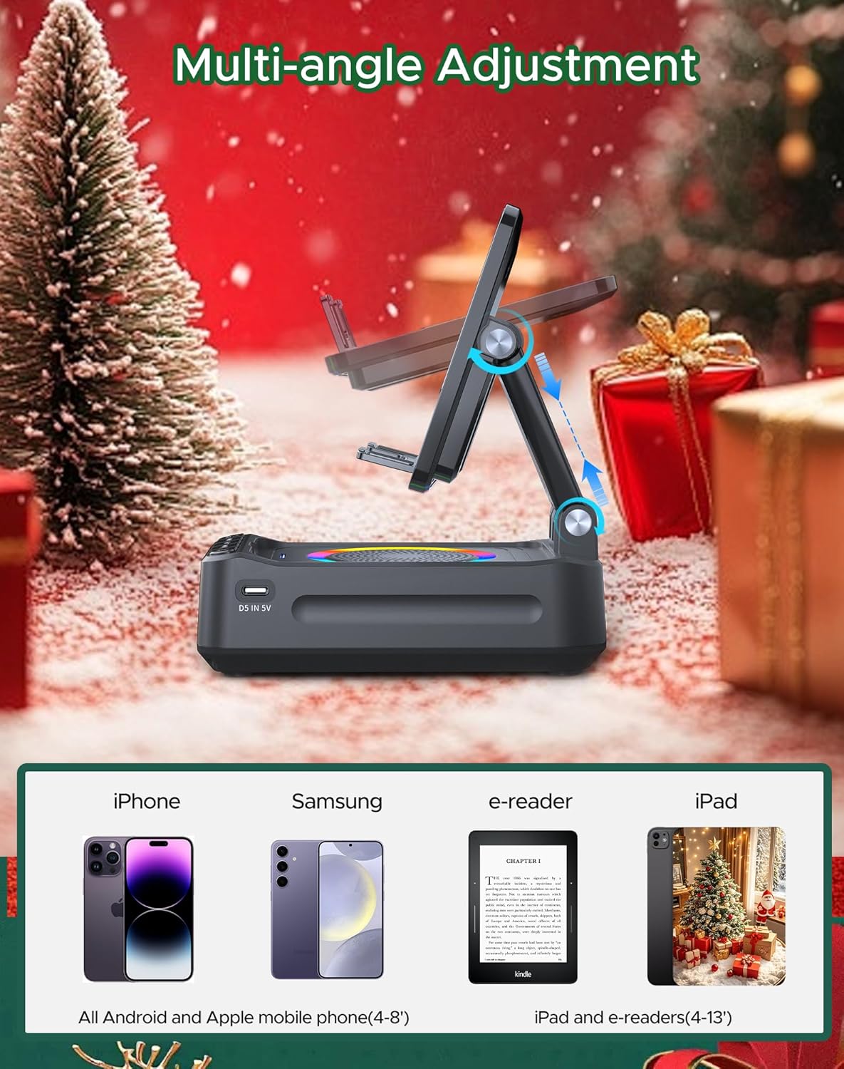 INSSISAIN Wireless Induction Bluetooth Speaker with Phone Stand – 5W Portable Stereo Speaker with RGB Lights, Bluetooth 5.3, Built-in Power Bank - PuriLite