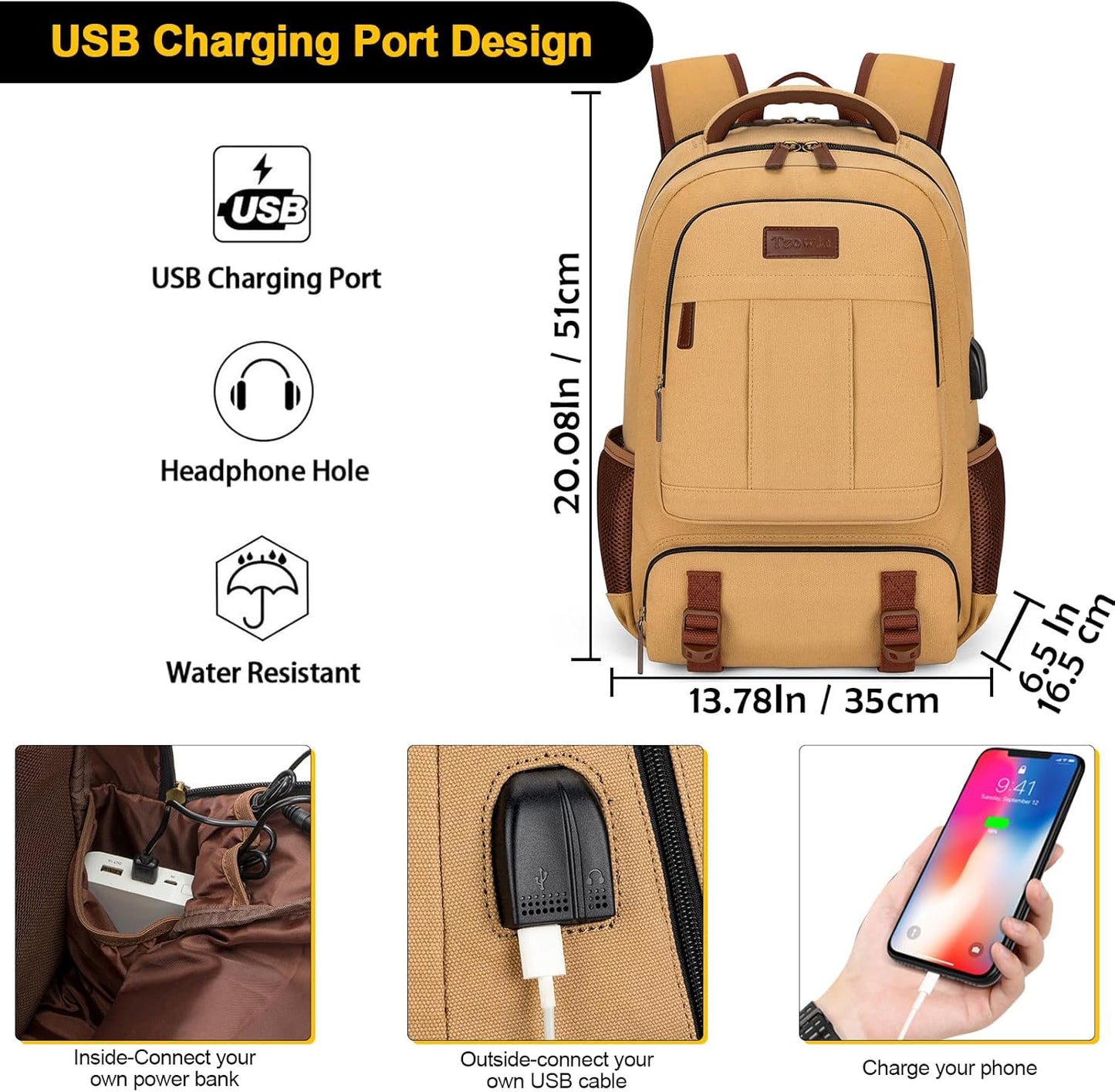 Tzowla Canvas Laptop Backpack Men,Bag for Women,School Travel College Work Rucksack Fits 15.6 Inch Laptop,Bookbag with USB Charging Port,Dark Grey