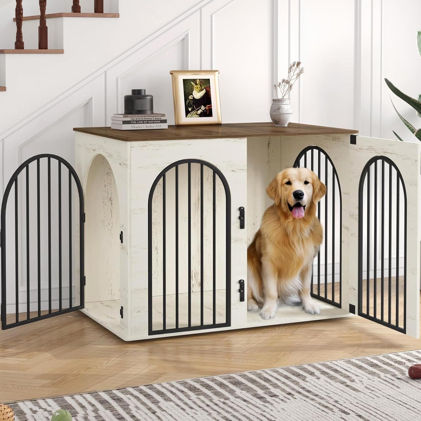 Hzuaneri 100 cm Wooden Dog Crate Furniture, Indoor Dog Kennel Dogs Cage for Small/Medium/Large Dogs, Heavy Duty Dog Crates Decorative Pet House End Side Table TV Stand, White Brown DFC84114B