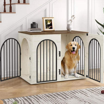 Hzuaneri 100 cm Wooden Dog Crate Furniture, Indoor Dog Kennel Dogs Cage for Small/Medium/Large Dogs, Heavy Duty Dog Crates Decorative Pet House End Side Table TV Stand, White Brown DFC84114B