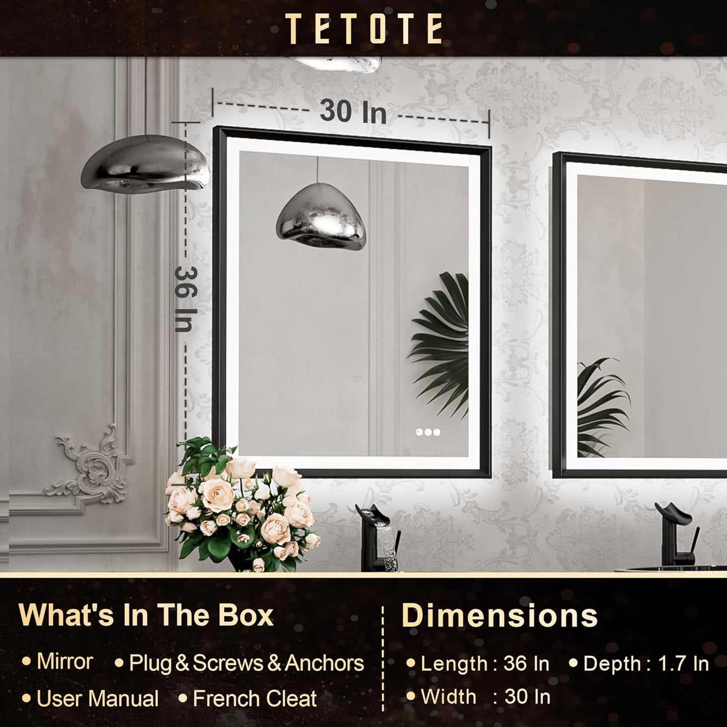 TETOTE 28x36 LED Mirror for Bathroom Black Metal Frame Frontlit & Backlit Lighted Vanity Mirror Baroque Gothic Anti Fog Stepless Dimmable White/Warm/Natural,Wall Mounted(Horizontal/Vertical)