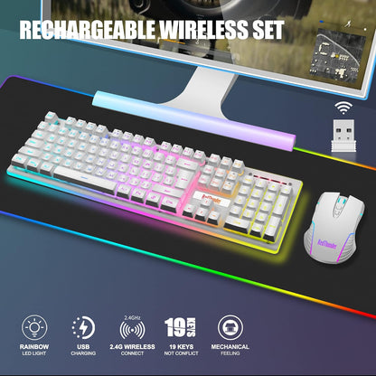 RedThunder K10 Wireless Gaming Keyboard and Mouse Combo, LED Backlit Rechargeable 3800mAh Battery, Mechanical Feel Anti-ghosting Keyboard + 7D 3200DPI Mice for PC Gamer (Black)