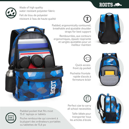 Roots Athletic 3-in-1 Matching Water Resistant Teen Backpack and Lunch Bag Set with Bonus Pencil Case - Made from 100% Recycled Fabrics - 34 litres, Blue Black Navy Camo, XL