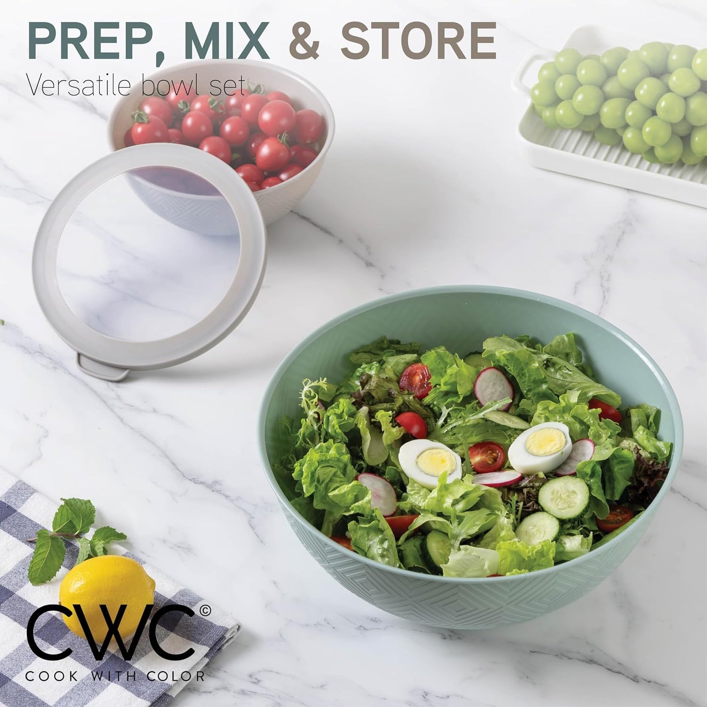 COOK WITH COLOR Mixing Bowls with TPR Lids - 12 Piece Plastic Nesting Bowls Set Includes 6 Prep Bowls and 6 Lids, Microwave Safe Mixing Bowl Set (Green)