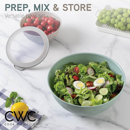 COOK WITH COLOR Mixing Bowls with TPR Lids - 12 Piece Plastic Nesting Bowls Set Includes 6 Prep Bowls and 6 Lids, Microwave Safe Mixing Bowl Set (Green)