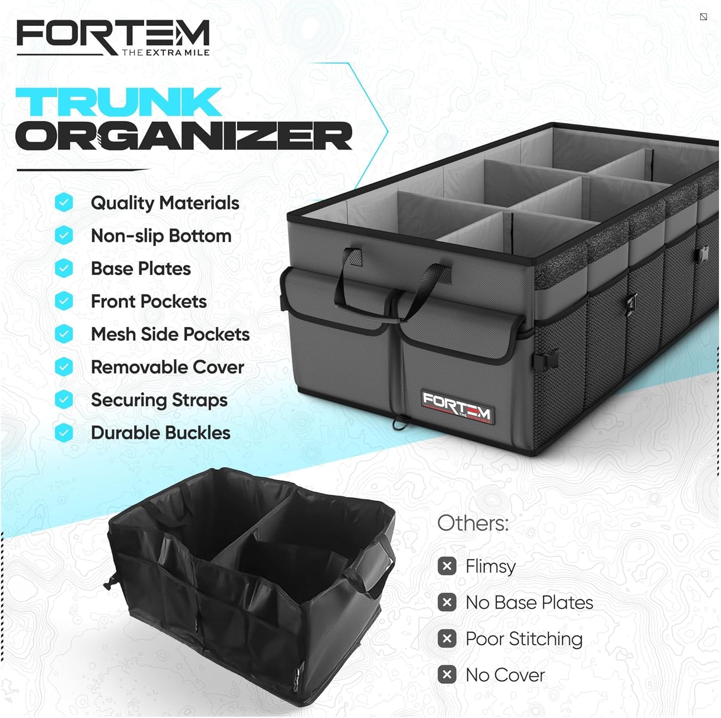 FORTEM Car Trunk Organizer, Collapsible Multi Compartment Car Organizer, Foldable SUV Storage for Car Accessories for Women Men, Non Slip Bottom, Securing Straps, Soft Cover 50L (Black, Standard)