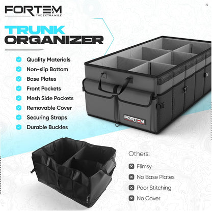 FORTEM Car Trunk Organizer, Collapsible Multi Compartment Car Organizer, Foldable SUV Storage for Car Accessories for Women Men, Non Slip Bottom, Securing Straps, Soft Cover 50L (Black, Standard)