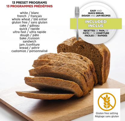 Starfrit Electric Bread Maker - 2lb Loafs - Non-Stick Removable Pan - Automatic Nut Dispenser - 13 Preset Programs - 550W