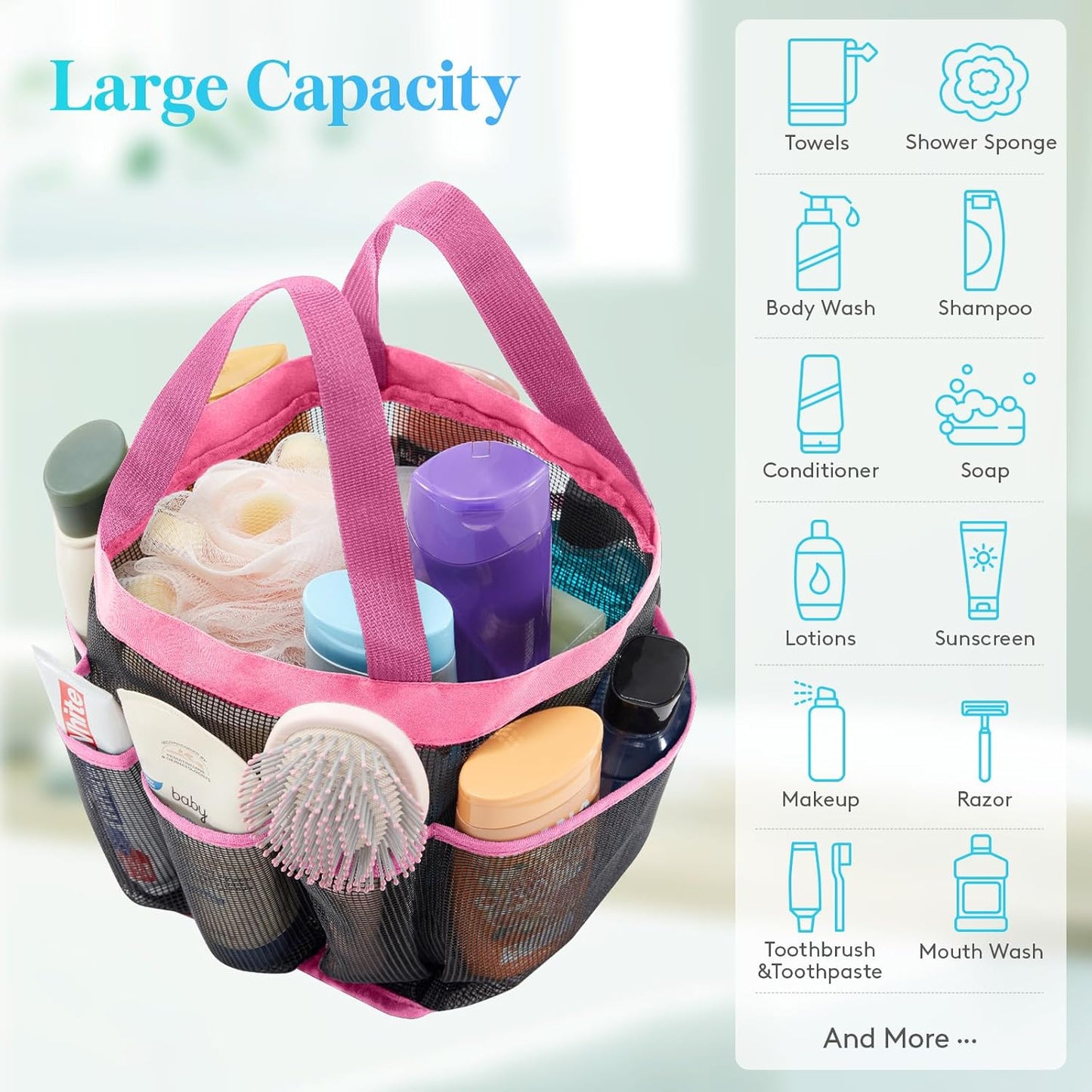 Lifewit Mesh Shower Caddy Freestanding Portable Shower Tote Bag for College Dorm, Bathroom, Gym, Travel, Quick Dry Hanging Shower Organizer with 7 Storage Pockets for Toiletry Essentials, Medium,Black