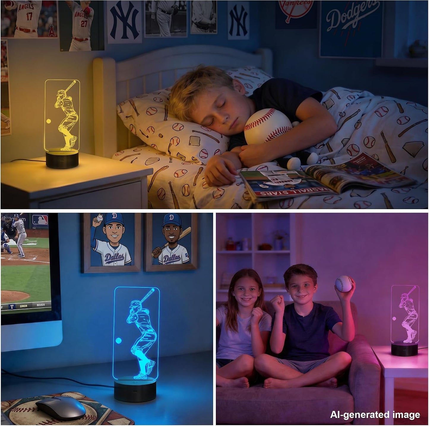 Baseball 3D Night Light, FULLOSUN Illusion Optical Bedside Lamp with Remote Control 16 Colors Changing, LED Cool Novelty Birthday Gift for Boy Kid Outdoor Sports Lover Collection Present